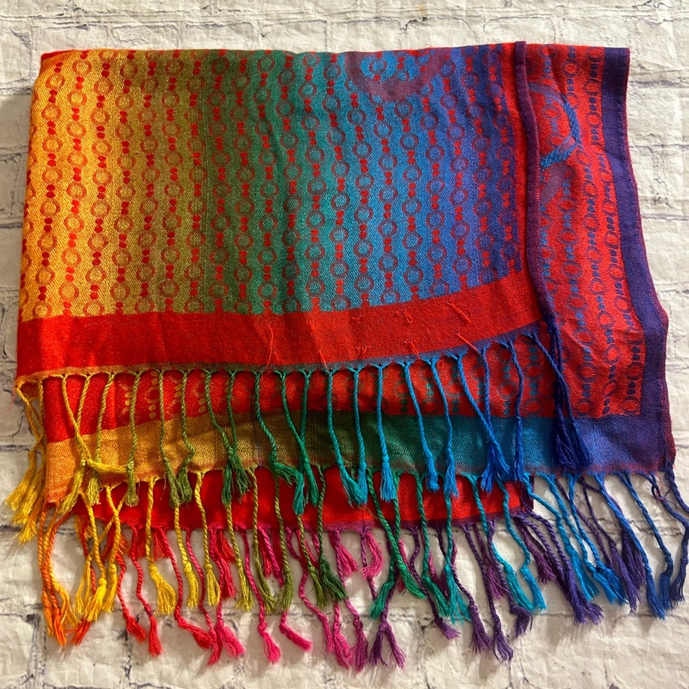 PASHMINA 100% PASHMINA COLORFUL WITH FRINGE OVERSIZED WRAP SCARF WITH PATTERN